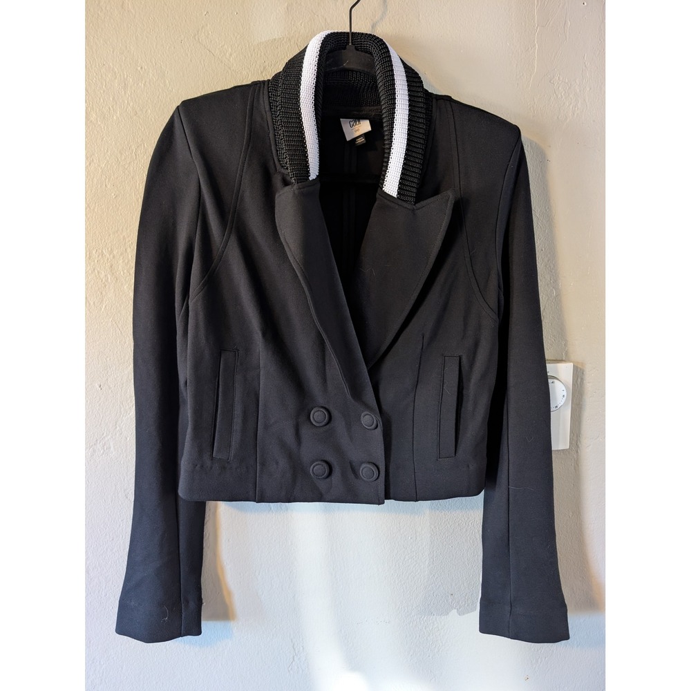 CAbi #6033 Black Double Breasted Knit Blazer Jacket Size 00 Striped Collar